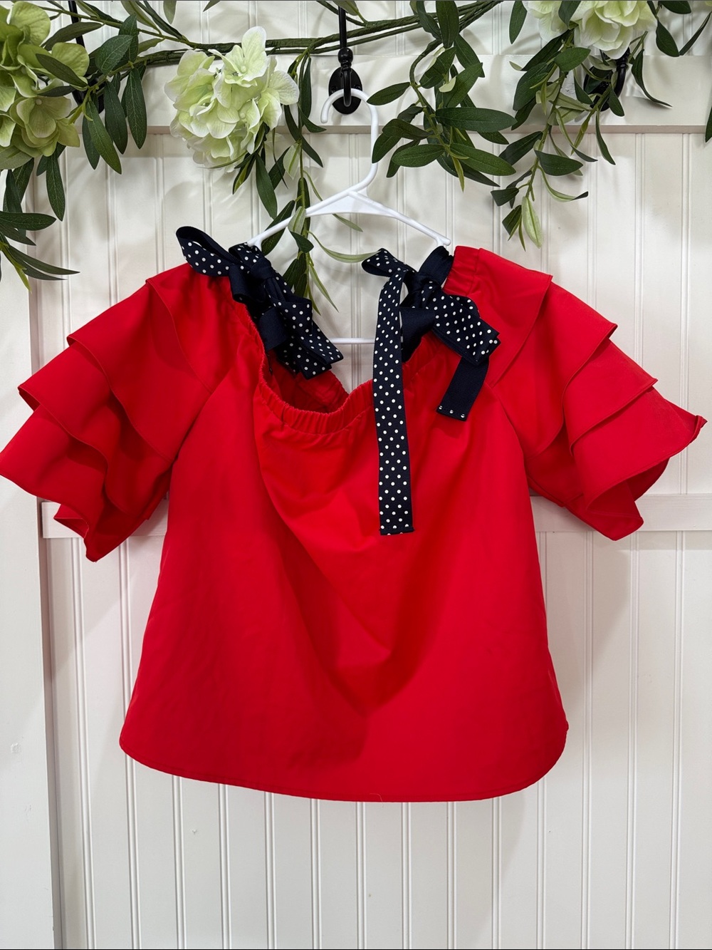 #481 LUCY PARIS Red Ruffle Sleeve Off Shoulder Top with Navy Polka Dot Ties